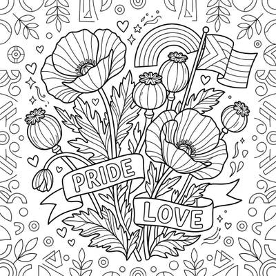 Embrace the spirit of Pride Month with this unique coloring page featuring elegant opium poppies alongside symbols of love and diversity. Perfect for adults and teens, it offers a creative way to celebrate acceptance and community.