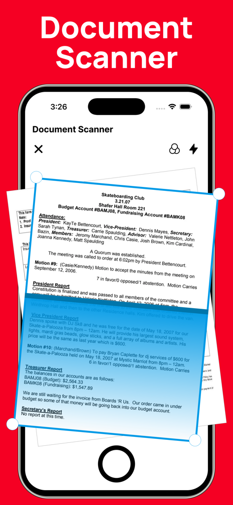 紙のファイルをPDFにデジタル化するためのドキュメントスキャナーツールを示すスマートフォン画面