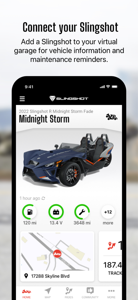 Slingshot® - Slingshot app dashboard displaying vehicle information including fuel range and location map