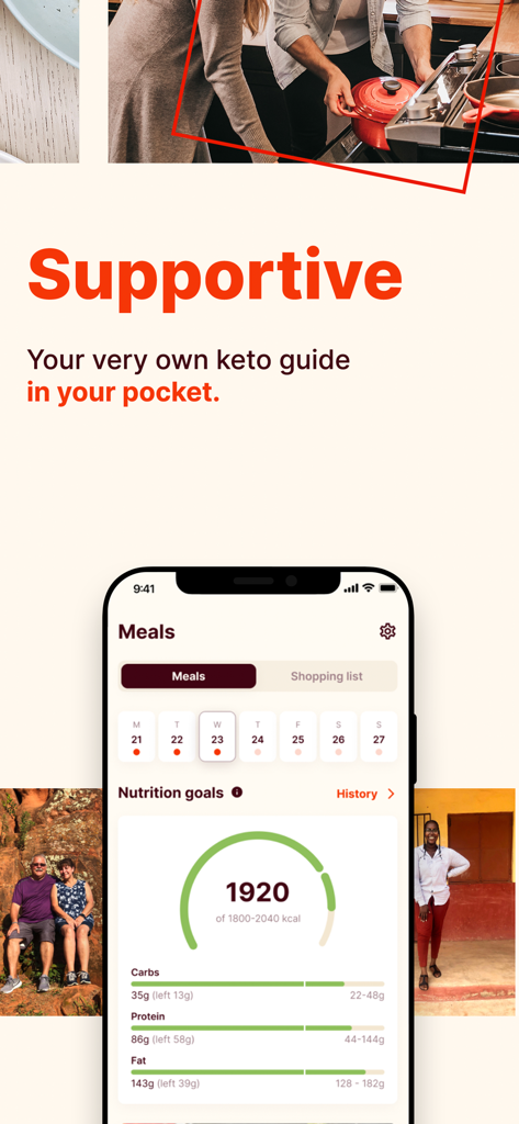 Keto Cycle app interface showing daily nutrition goals and calorie tracking