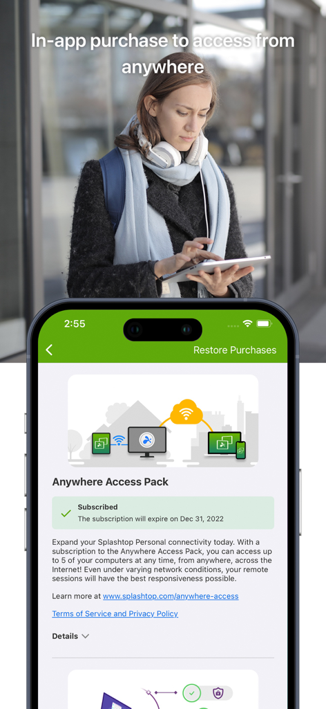 Splashtop Personal for iPhone - Aplicativo Splashtop Personal mostrando a tela de assinatura do Anywhere Access Pack em um iPhone