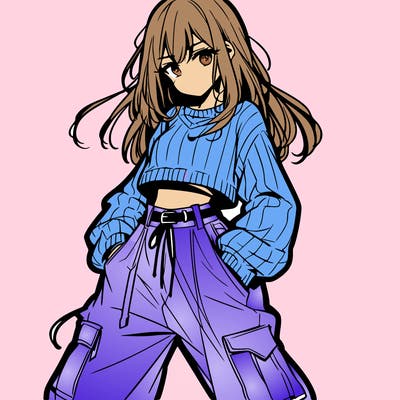 anime teen girl with baggy pants and crop top with sweater