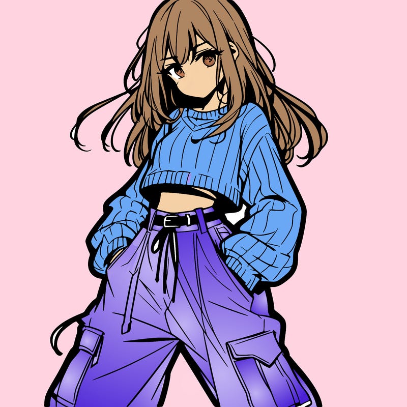 anime teen girl with baggy pants and crop top with sweater