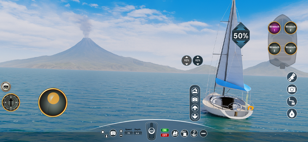 Un simulador realista de velero que muestra un yate en el océano con indicadores de control detallados y un volcán al fondo