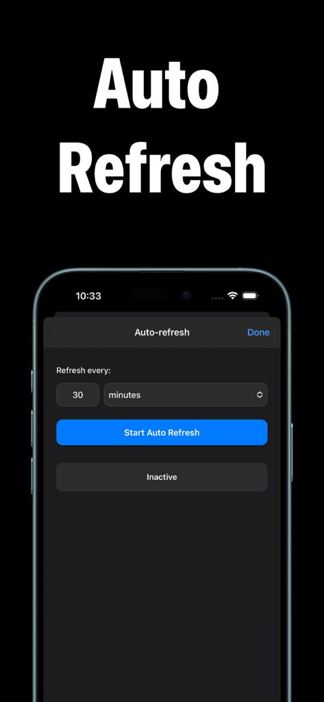 Auto Click - Auto Clicker app - Interface de l'application Auto Clicker montrant les paramètres d'actualisation automatique pour les mises à jour du site Web