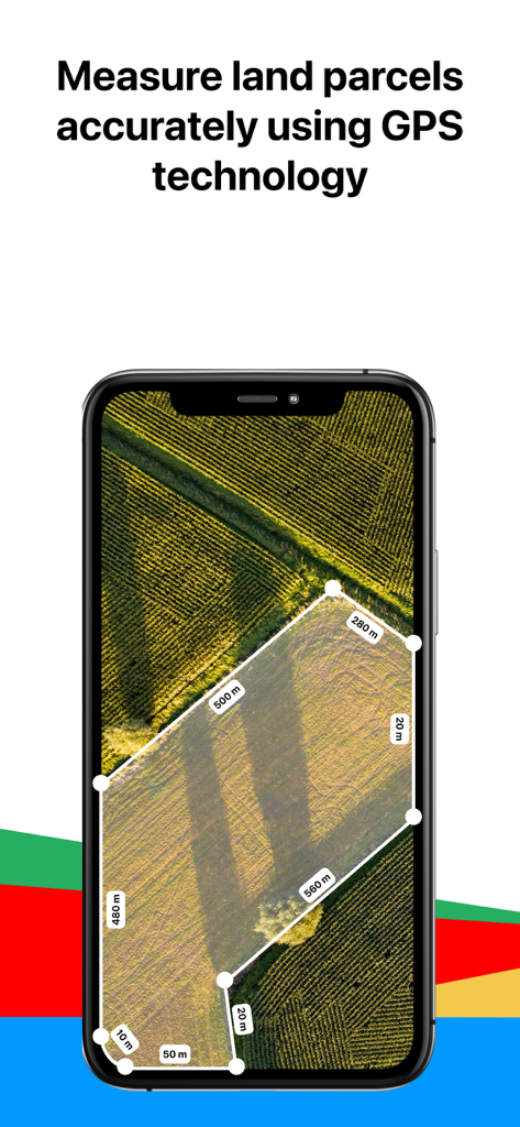 Smartphone screen displaying land parcel measurement on an aerial field map