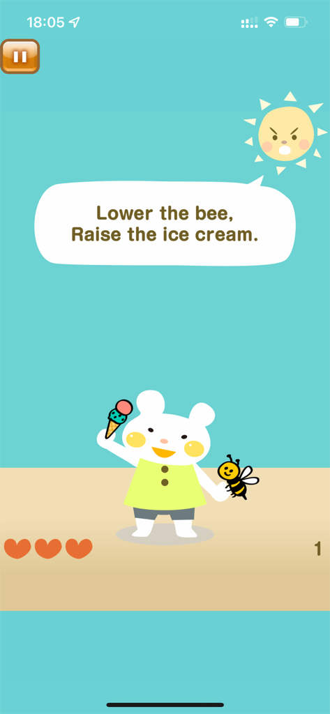 Flag Up! for Kids - Un oso blanco lindo sosteniendo una abeja y un cono de helado mientras sigue instrucciones del juego en pantalla