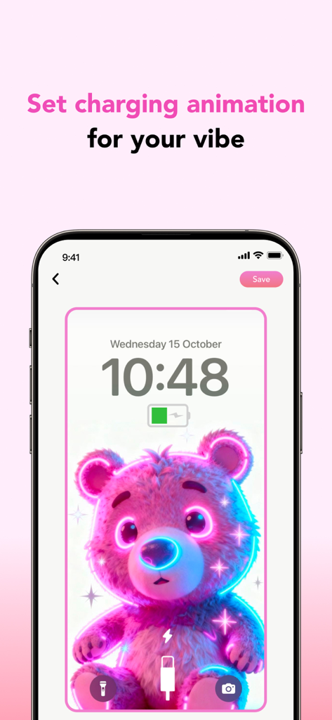 iPhone screen showing a custom charging animation with a glowing pink neon bear from the ClipTone app