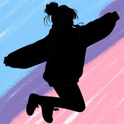 realistic girl jumping with a bun and oversized sweatshirt