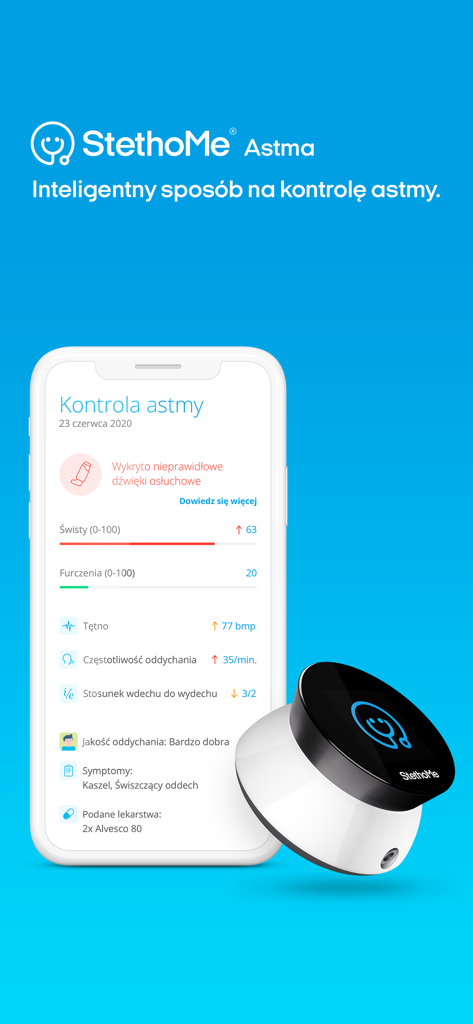 StethoMe app showing asthma health metrics and the electronic stethoscope