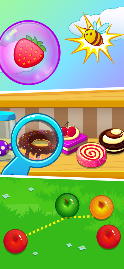 A collection of mini games for kids featuring fruit bubbles hidden sweets and apple puzzles