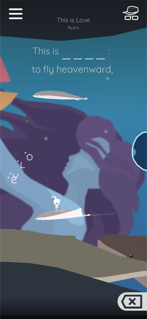 Scattered Verse - Gameplay screenshot of Scattered Verse showing a poetry puzzle by Rumi in an artistic blue and purple setting