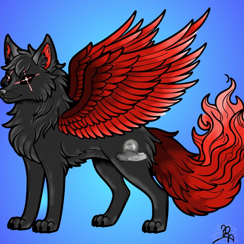 a wolf with fire wings and fire tail