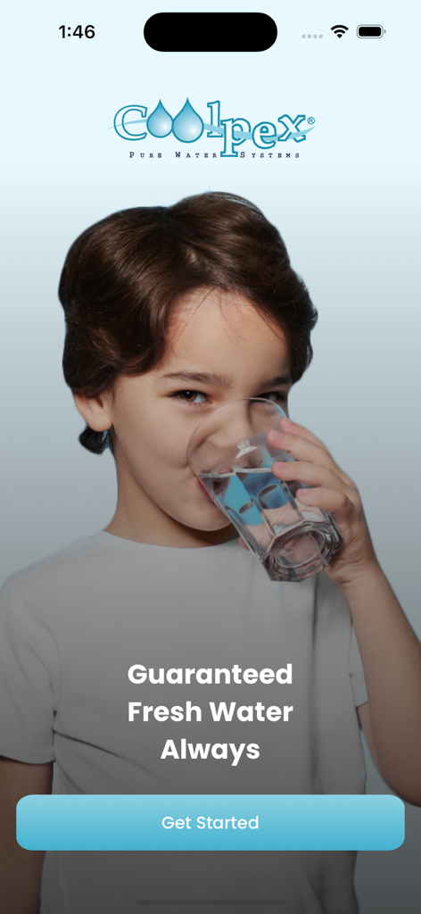 My Coolpex - Welcome screen of the My Coolpex app showing a young boy drinking a glass of water with the slogan Guaranteed Fresh Water Always.