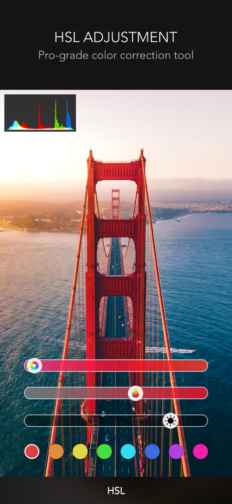 Interfaz de PICSPLAY 2 mostrando herramientas profesionales de ajuste HSL y un histograma de color aplicándose a una foto del puente Golden Gate