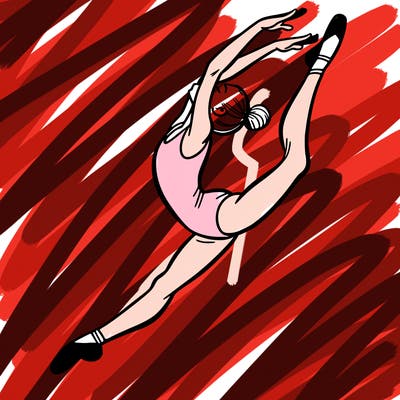 gymnast doing a leap in a leotard with a bent back leg