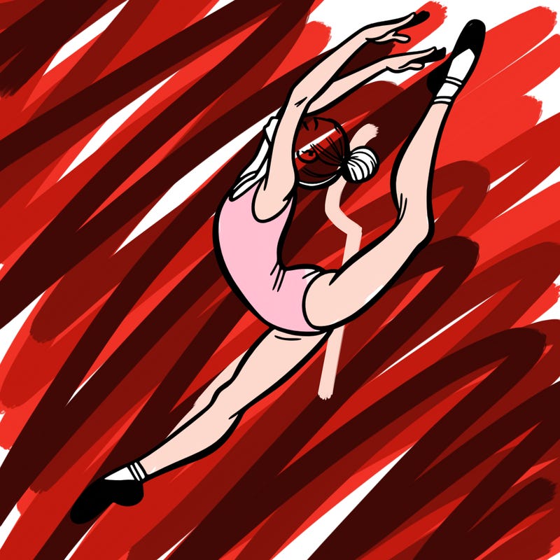 gymnast doing a leap in a leotard with a bent back leg