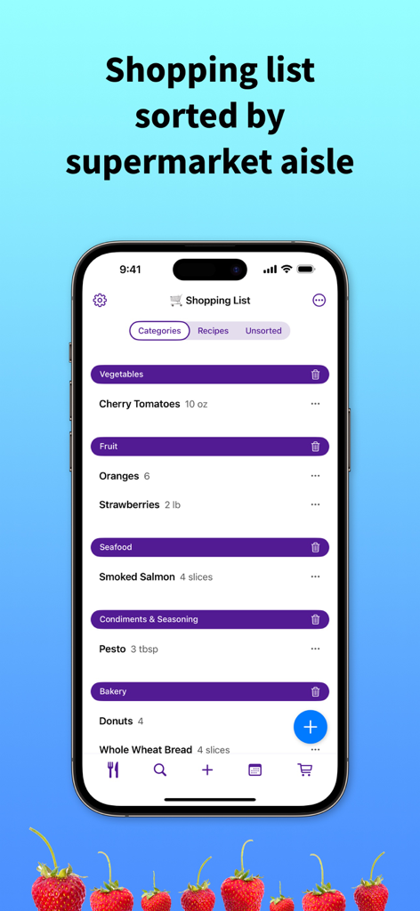 RecipeChef: Recipe Manager - RecipeChef app showing a grocery shopping list organized by supermarket categories like vegetables fruit and seafood