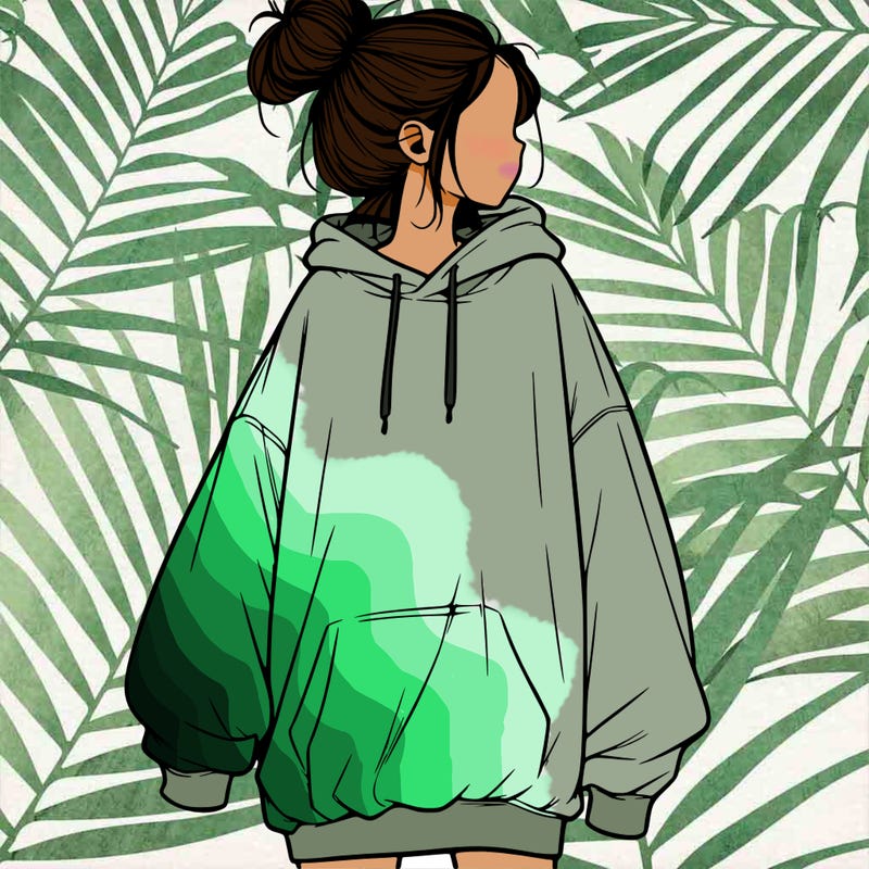 realistic girl with a oversized sweatshirt on and a bun
