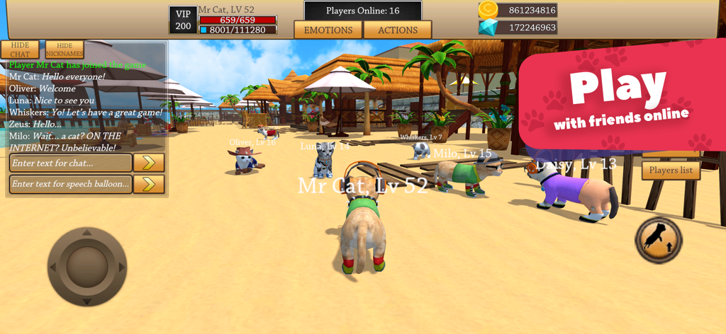 Cat Simulator 3D - Animal Life - Multiple customized 3D cats socializing and chatting on a virtual beach in online mode