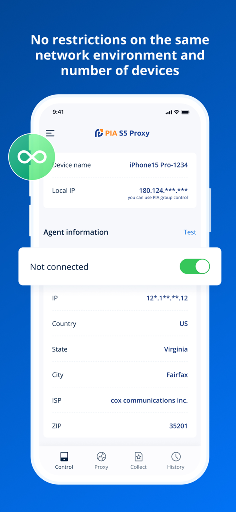 Interface of the PIA S5 Control app showing device proxy details and agent information for group control management.