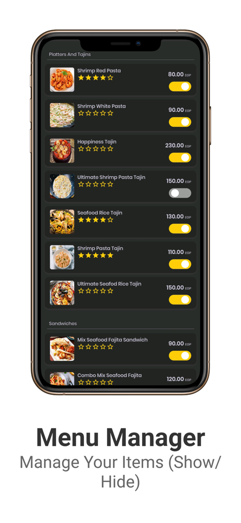 Hurryapp Vendor - Panel de HurryApp Vendor que muestra la interfaz del administrador del menú con opciones para activar/desactivar la visibilidad de varios artículos de comida como pasta y tajines.