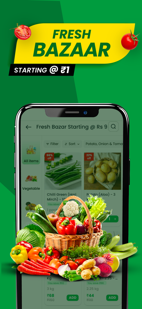 DealShare mobile app displaying fresh vegetable deals and the Fresh Bazaar section starting at 1 rupee.