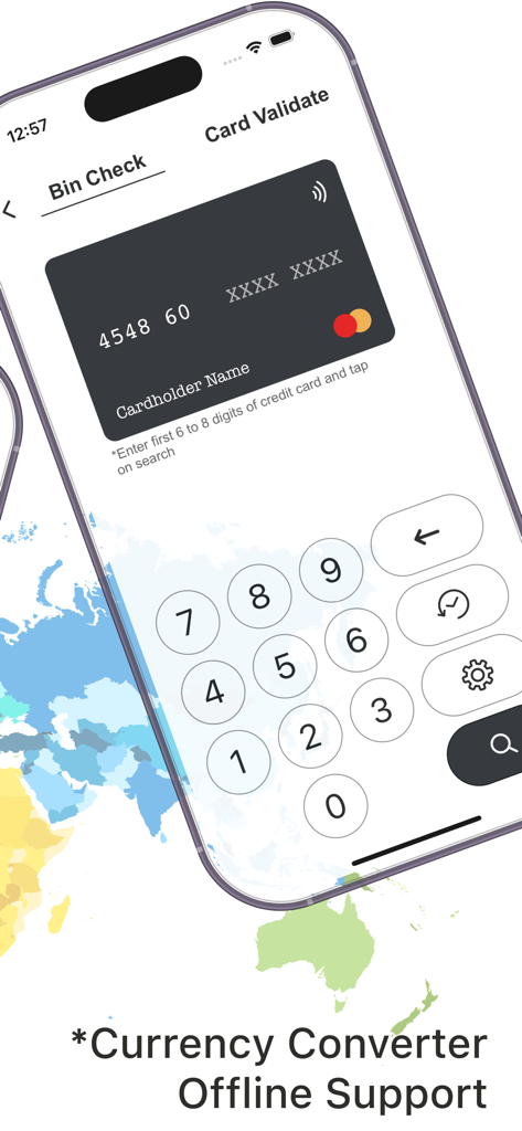 Interfaz de la aplicación Verificador de BIN y Validador de Tarjetas que muestra la función de búsqueda de BIN con un teclado numérico y una visualización de tarjeta de crédito