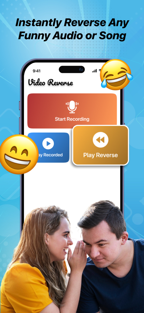 Smartphone displaying the Reverse Audio app interface with buttons to record and play audio in reverse