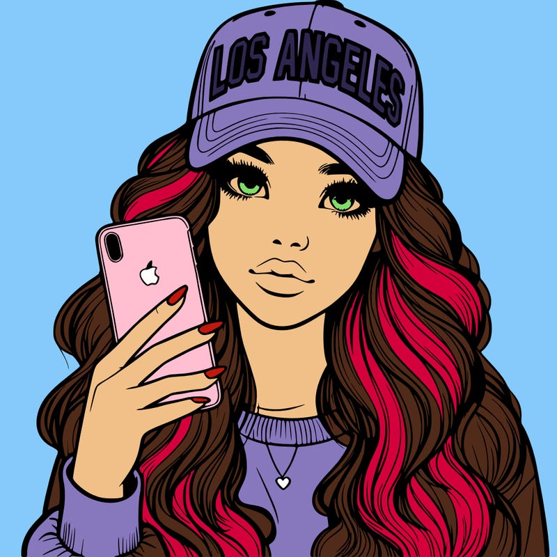 realistic beautiful girl wearing los ángeles cap holding an iphone
