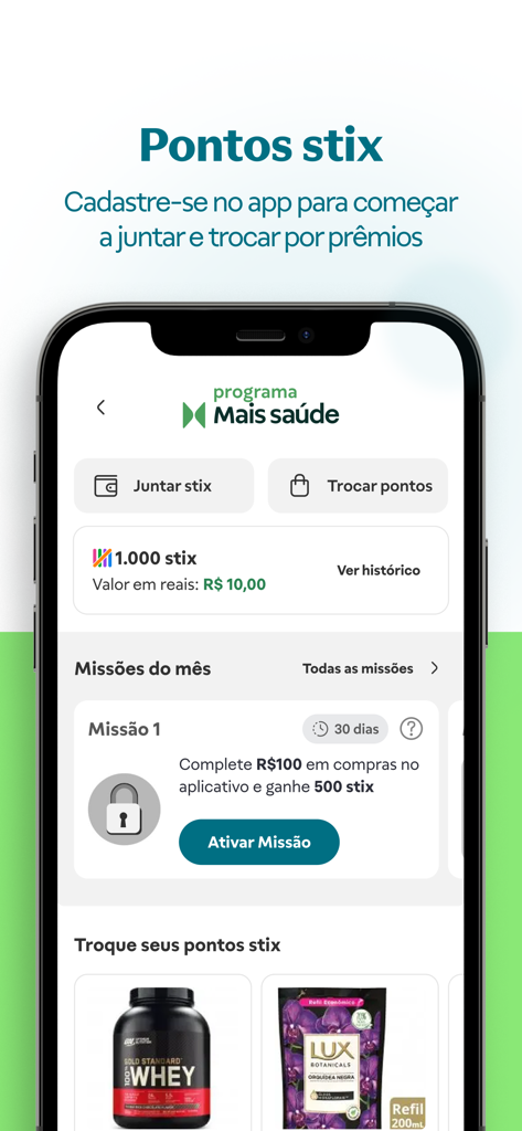 Raia - Farmácia 24 horas - Smartphone screen displaying the Raia pharmacy app Stix loyalty points and rewards program