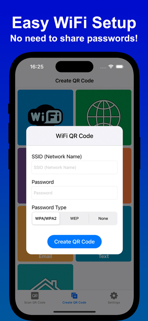 QR Creator: Scan & Make QRCode - Interfaz de iPhone de la aplicación Creador de QR que muestra la pantalla de generación de códigos QR de WiFi con los campos de nombre de red y contraseña