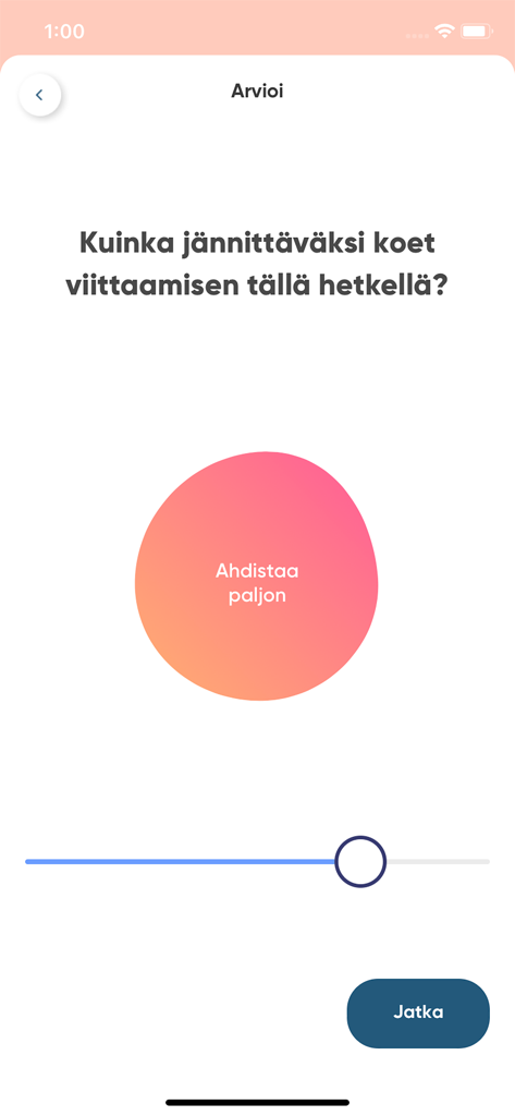 Chillaa - A mobile screen from the Chillaa app showing a mood assessment tool where users can use a slider to rate their situational anxiety.