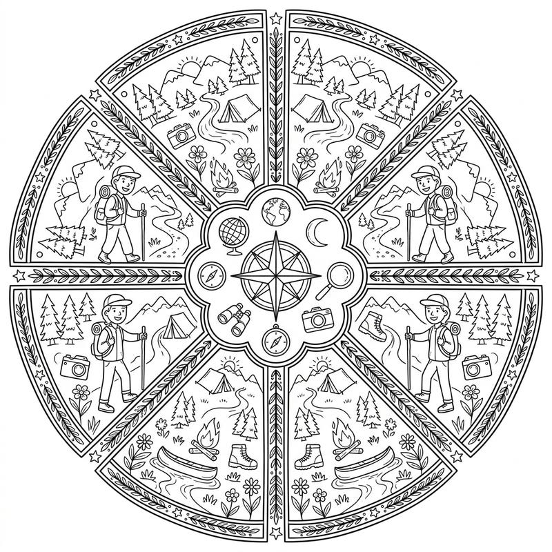 Unleash your adventurous spirit with this captivating Teenage Explorer Mandala. This intricate design combines the thrill of discovery with the calming precision of a symmetrical pattern, perfect for a mindful coloring experience.