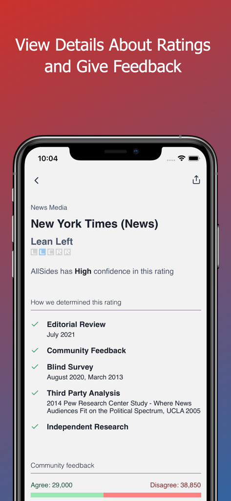 AllSides - Balanced News - AllSides app screen showing media bias rating details for the New York Times