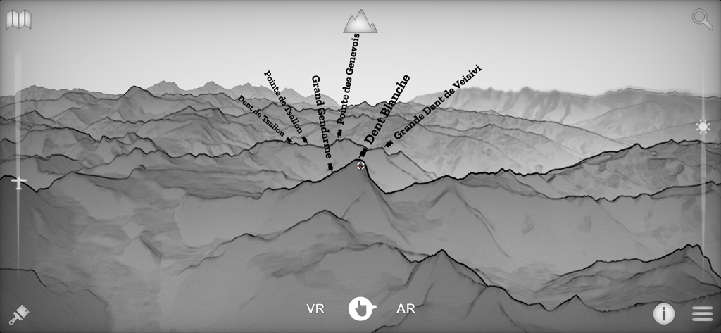 Swiss3D - Uma visão de paisagem topográfica 3D no aplicativo Swiss3D identificando vários picos de montanhas como Dent Blanche