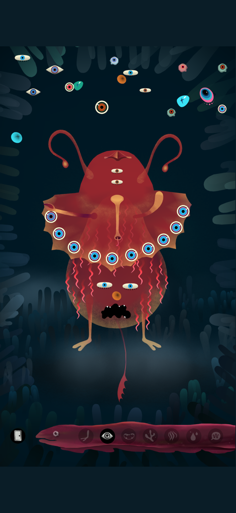 Un monstruo rojo de varios ojos siendo personalizado en una interfaz de taller digital oscura