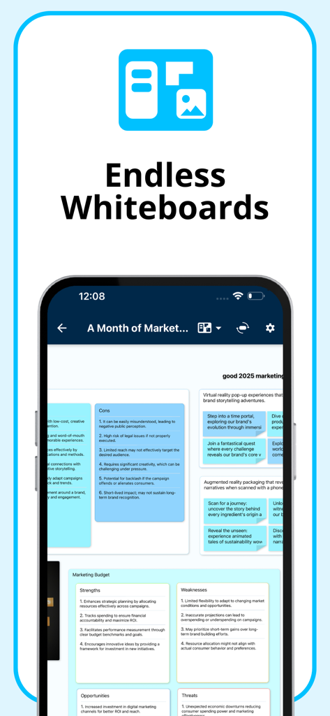 AYOA - Mind Mapping - AYOA app interface showing an endless digital whiteboard used for marketing project planning and SWOT analysis