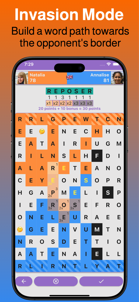 Word Puzzle Game: LetterGrid - Screenshot of LetterGrid mobile game showing Invasion Mode where players build word paths to reach the opponent's border
