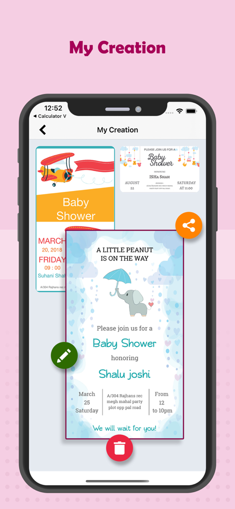 A mobile screen showing various saved baby shower invitation designs including themes with elephants and airplanes