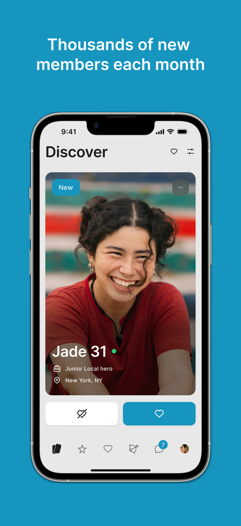 LDS Singles dating app interface showing a discover screen with a user profile and navigation menu