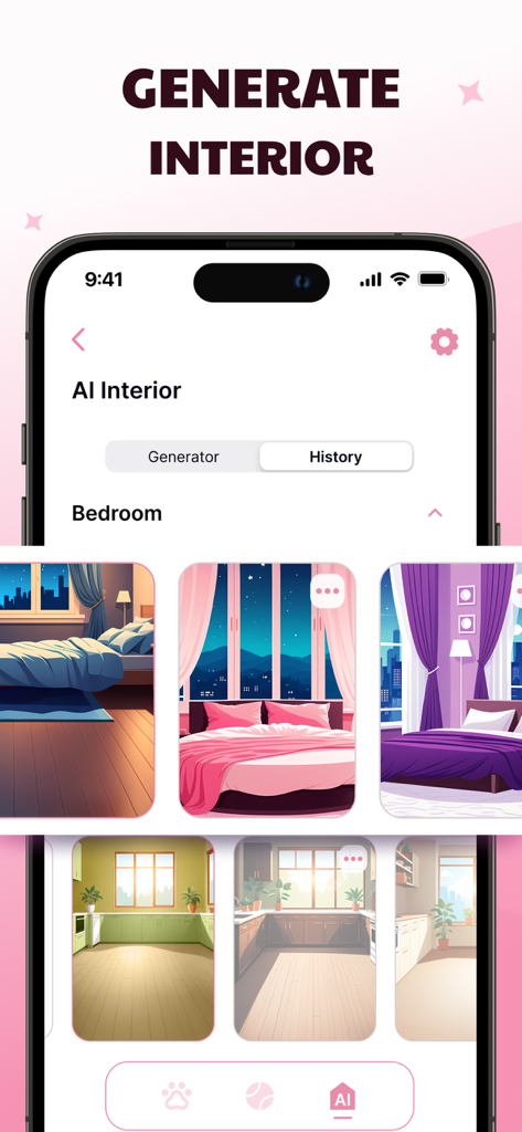 Raise Virtual Pets: Widgets - App interface showing AI generated cozy interior designs for virtual pet bedrooms