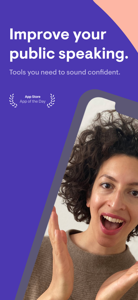 A confident woman smiling on a purple background with text promoting tools to improve public speaking and sound confident with the Astound app.