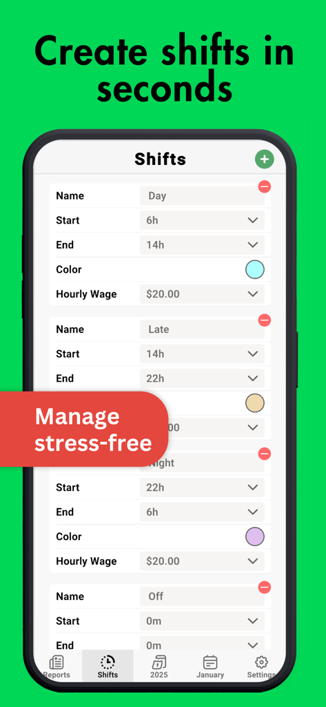 Shift Work Calendar - Simple - Interface para criar e editar turnos de trabalho com horários de início, horários de término, codificação por cores e configurações de salário por hora