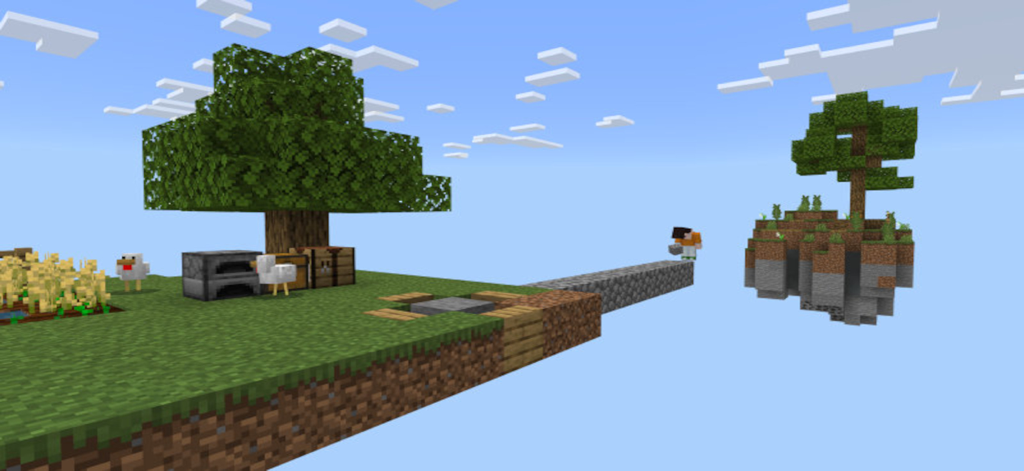 Minecraft survival gameplay showing floating islands and a character building a path.