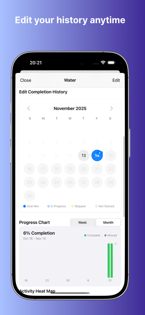 Stepwise: Habit Tracker - Stepwise習慣トラッカーのインターフェースで、月次カレンダーと進捗グラフを使用して完了履歴を編集している様子