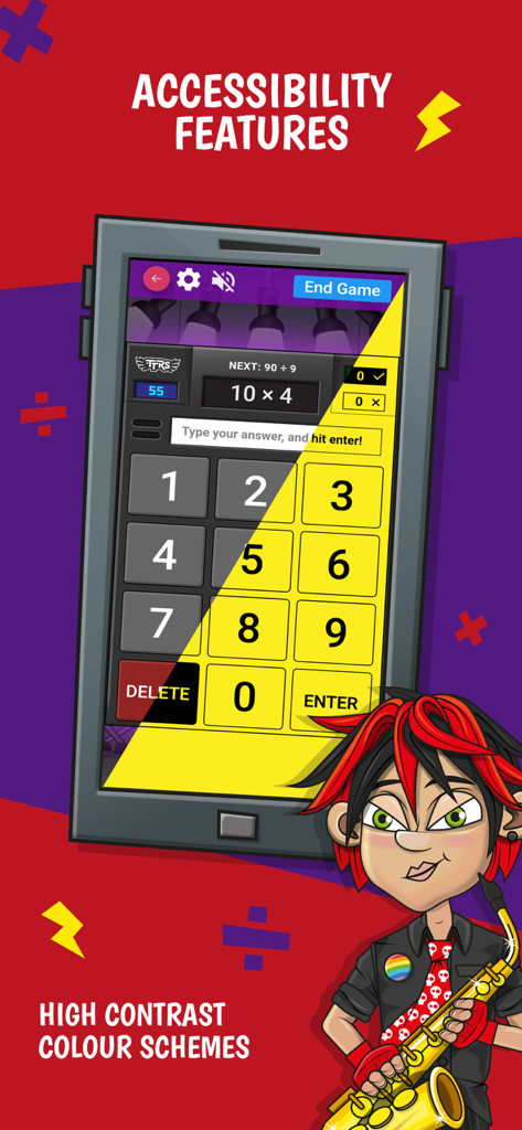 Times Tables Rock Stars - Ein Screenshot der Times Tables Rock Stars-App, der seine hochkontrastigen Farbdesigns für Barrierefreiheit bei Matheübungen anzeigt