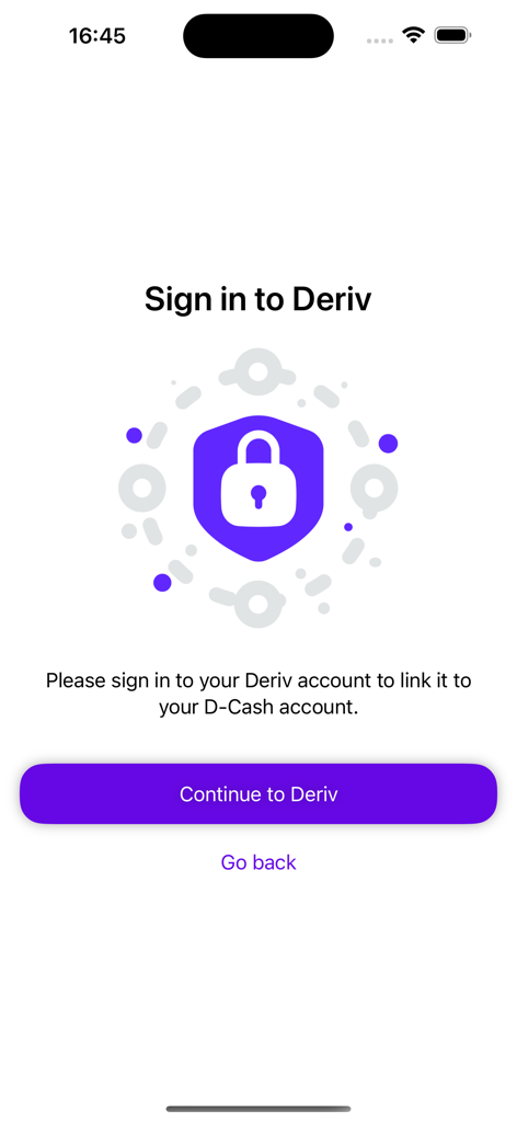 D-CASH - A screen in the D-CASH app asking the user to sign in to their Deriv account