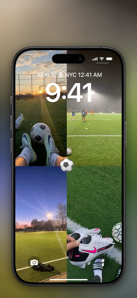 iPhone zeigt einen 4K-Fußball-Hintergrund mit einem Raster aus vier verschiedenen Fußballfeldern und Ausrüstungsbildern.