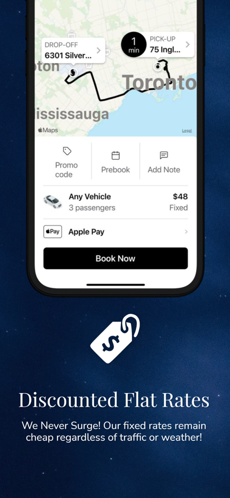 Aeroport Taxi & Limo Service - Aeroport Taxi app interface displaying a fixed price booking from Toronto with no surge pricing.